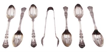 Set of six silver Queens pattern teaspoons and pair of sugar tongs