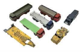 Dinky - six unboxed and playworn/repainted die-cast commercial vehicles comprising Foden flatbed lor