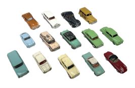 Dinky - thirteen unboxed and playworn/repainted early die-cast cars including Ford Capri No.143