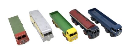 Dinky - five unboxed and playworn/repainted commercial vehicles comprising Foden Regent tanker