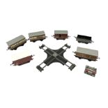 Hornby '0' gauge - three LNER teak style passenger coaches; three goods wagons; CR1 Right Angle Cros