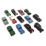Dinky - thirteen unboxed and playworn/repainted early die-cast cars including Riley