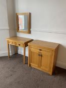 Light oak two drawer side cabinet, two drawer desk and mirror- LOT SUBJECT TO VAT ON THE HAMMER