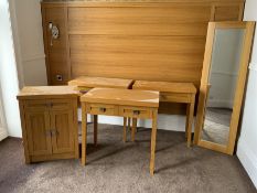 Three light oak side tables, two door cupboard and wall mirror- LOT SUBJECT TO VAT ON THE HAMMER