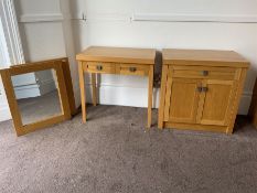 Light oak side cabinet, matching side table and two mirrors- LOT SUBJECT TO VAT ON THE HAMMER