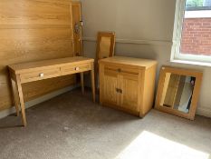 Light oak two drawer side table, matching side cabinet and two mirrors- LOT SUBJECT TO VAT ON THE