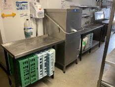 Hobart AMXS-16 pass through dishwasher system, with two tables, and two five tier shelving units,