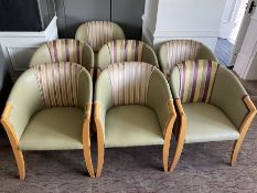 Seven tub shaped armchairs, beech framed, lime and patterned fabric- LOT SUBJECT TO VAT ON THE
