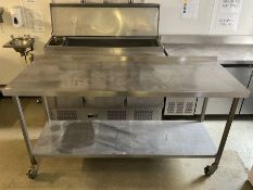 Stainless steel two tier preparation table, raised back, on castors- LOT SUBJECT TO VAT ON THE