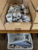 Quantity of ceramic and stainless tea pots, sauce boats, chip servers, in three boxes- LOT SUBJECT