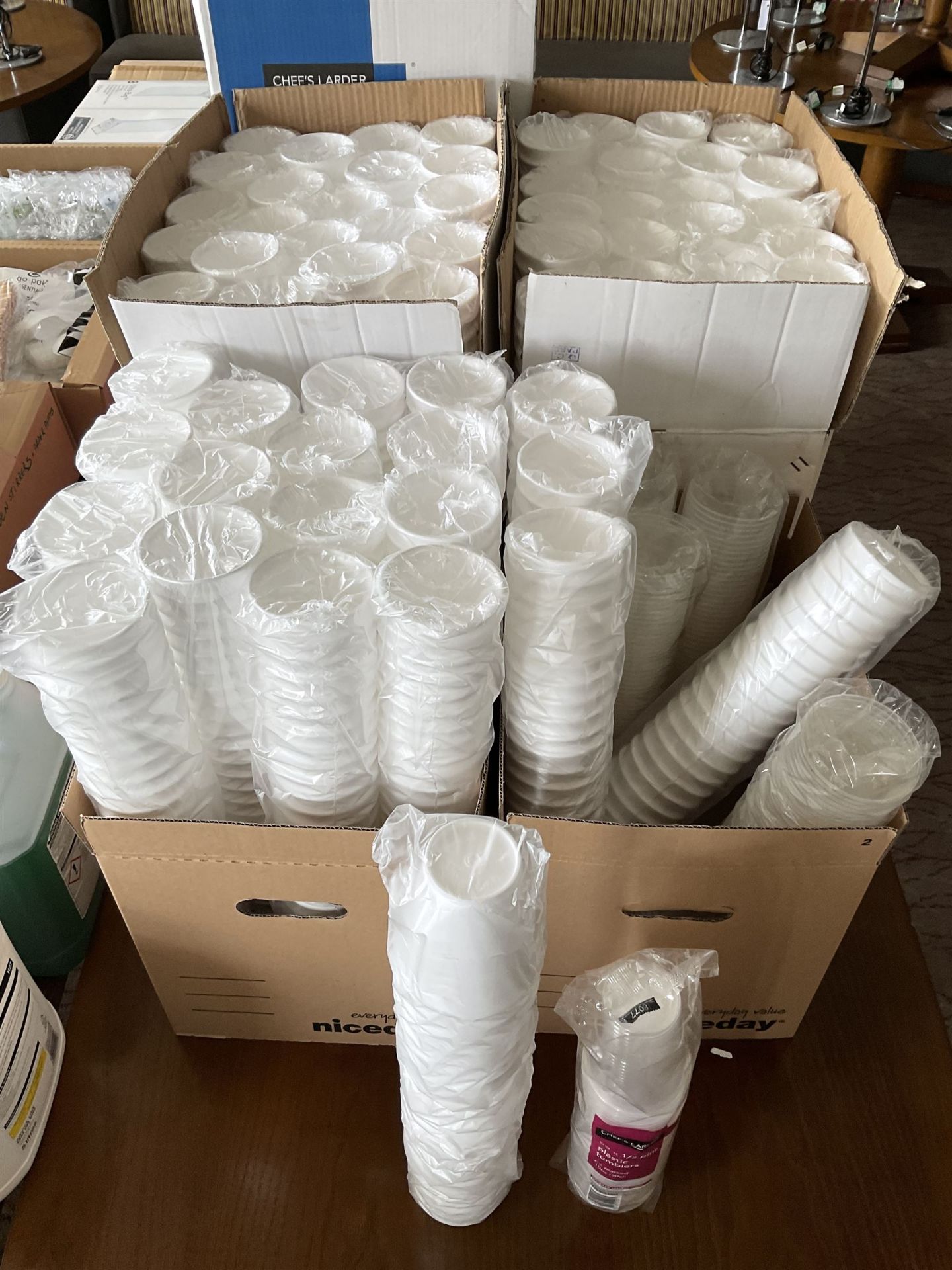 Large quantity of white plastic and polystyrene cups, hot and cold, with paper cup holders- LOT
