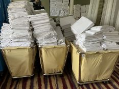 314 white linen King sheets, 138 single duvets covers and other, with three linen trolleys- LOT