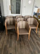 Seven tub shaped armchairs, beech framed, bronze and pattern cover- LOT SUBJECT TO VAT ON THE HAMMER