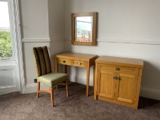 Light oak side cabinet, side table, mirror and chair- LOT SUBJECT TO VAT ON THE HAMMER PRICE - To be