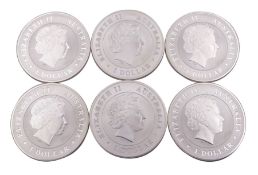 Six 1oz fine silver Australian 2014 one dollar coins