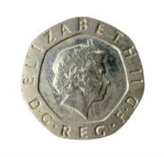 Queen Elizabeth II undated error twenty pence coin