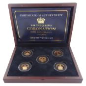 Queen Elizabeth II 2018 'H.M. The Queen's Coronation 65th Anniversary' comprising five 22ct gold pro