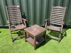 Two wooden folding garden chairs and table - THIS LOT IS TO BE COLLECTED BY APPOINTMENT FROM DUGGLEB