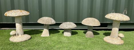 Set of five cast stone garden mushrooms - THIS LOT IS TO BE COLLECTED BY APPOINTMENT FROM DUGGLEBY S