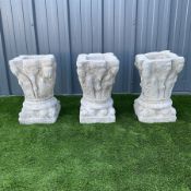 Set three reconstituted garden planters with carvings of mythical creatures - THIS LOT IS TO BE COL