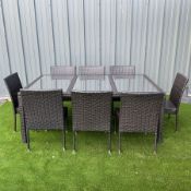 Grey rattan garden table with three glass inlays and eight chairs - THIS LOT IS TO BE COLLECTED BY A