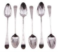 Set of six George III silver Old English pattern bright cut engraved teaspoons