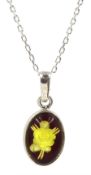 Silver amber engraved rose oval pendant necklace