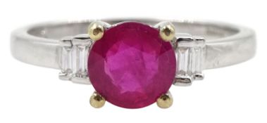 18ct white gold round ruby and baguette diamond ring