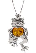 Silver Baltic amber frog prince pendant necklace