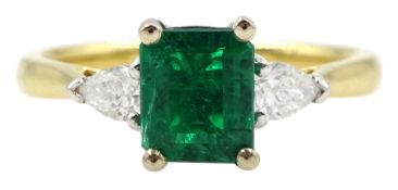 18ct gold three stone no oil emerald and pear shaped diamond ring