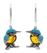 Pair of silver Baltic amber and turquoise kingfisher pendant earrings