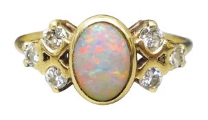 9ct gold opal and six stone round brilliant cut diamond ring