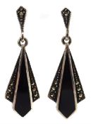 Pair of silver black onyx and marcasite pendant stud earrings