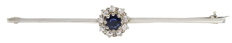 Early-mid 20th century white gold round sapphire and diamond cluster bar brooch