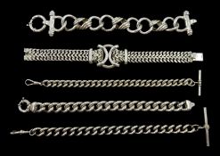 Five silver bracelets including two curb link bracelets with T-bar and clips