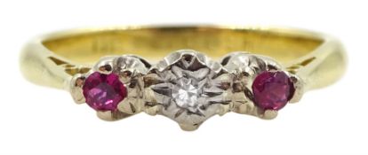 Gold three stone ruby diamond ring
