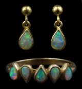 9ct gold five stone pear shaped opal ring and a similar pair of earrings