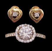 Pair of 9ct gold round brilliant cut diamond heart shaped stud earrings