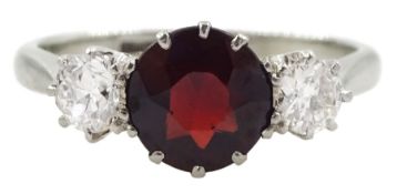 18ct white gold three stone round ruby and diamond ring