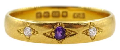 22ct gold gypsy set three stone amethyst and diamond ring