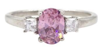 9ct white gold three stone oval pink stone and cubic zirconia ring