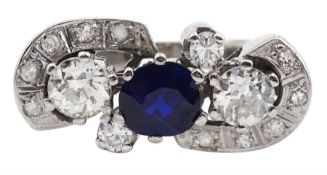 18ct white gold oval sapphire and round brilliant cut diamond dress ring