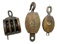 Three ship pulleys comprising wooden block double with stiff swivel hook