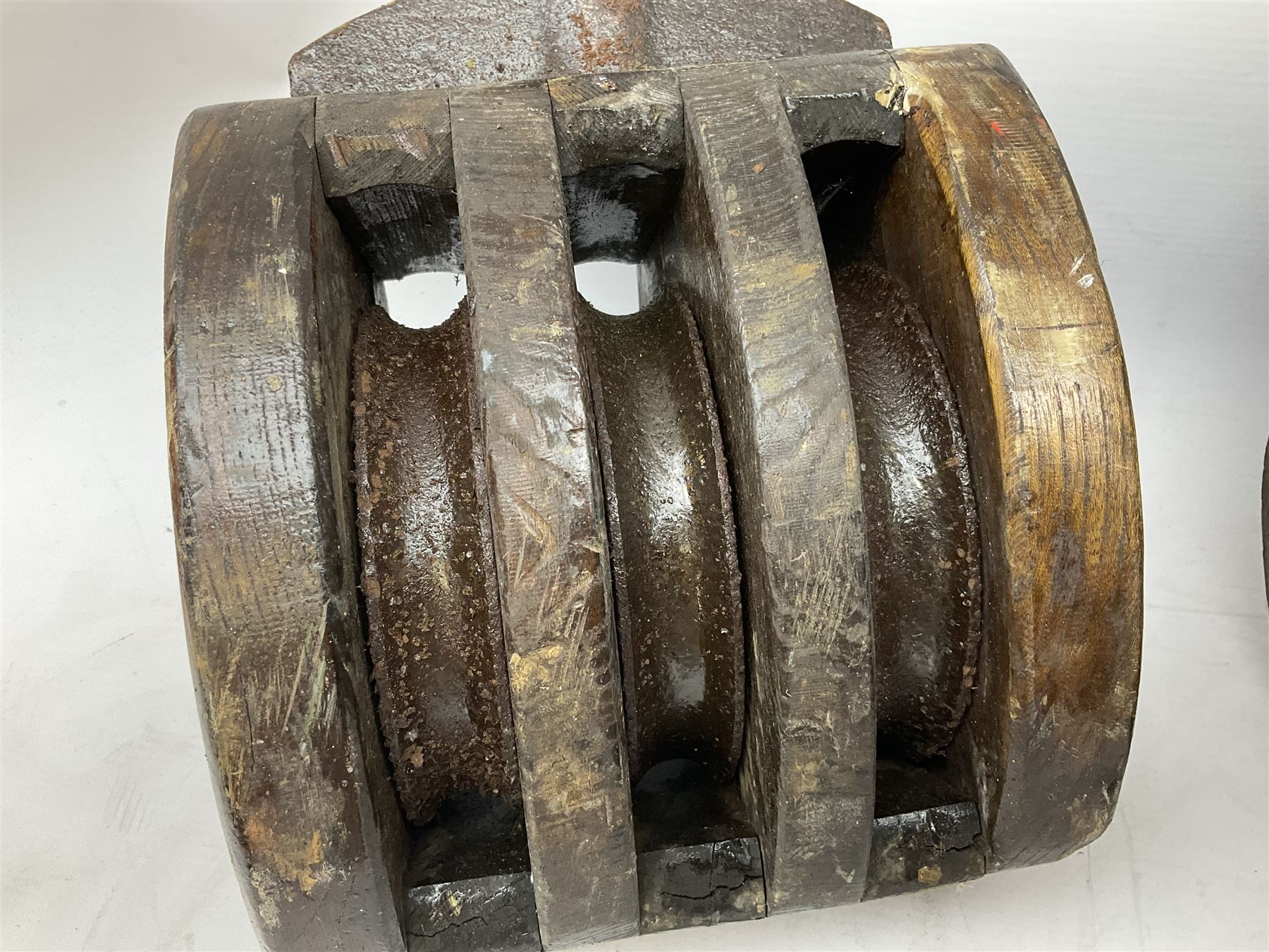 Three ship pulleys comprising wooden block double with stiff swivel hook - Image 8 of 17