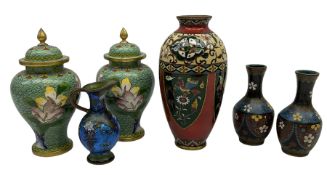 Group of cloisonné to include vase of ovoid form decorated with panels of exotic birds amongst flowe