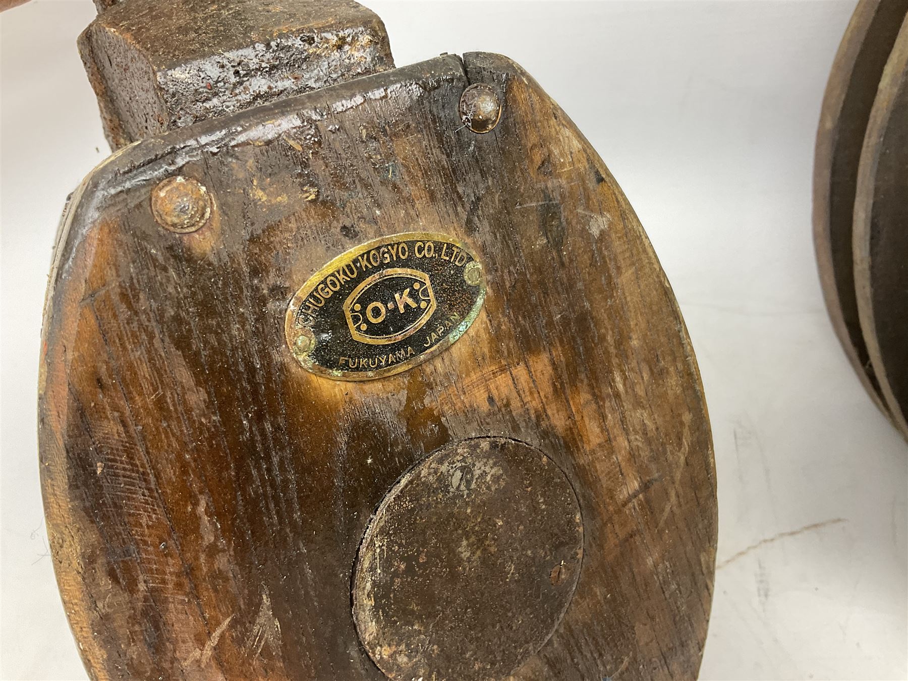 Three ship pulleys comprising wooden block double with stiff swivel hook - Image 11 of 17