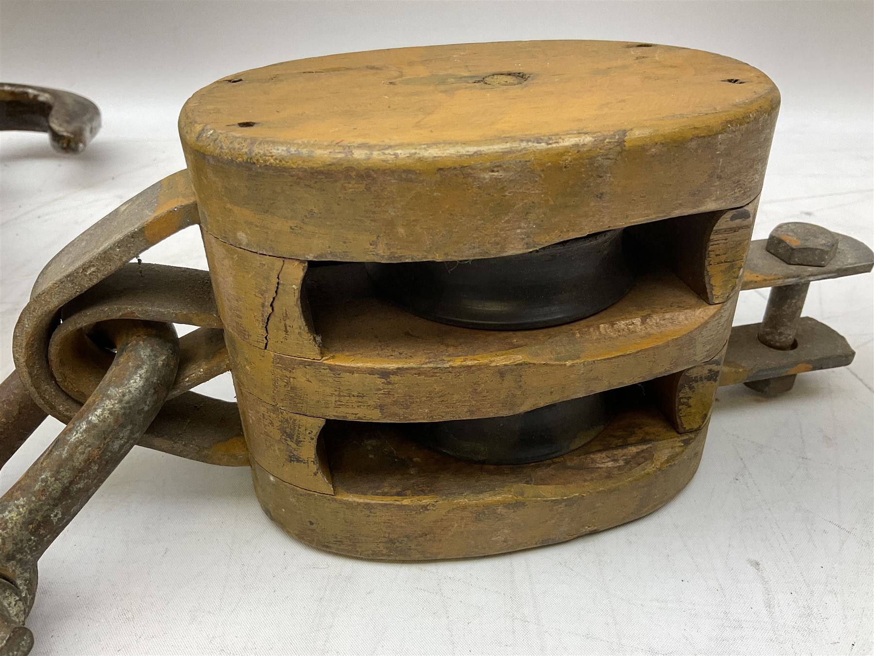 Three ship pulleys comprising wooden block double with swivel eye marked 'wooden block 240mm bduble - Image 8 of 11