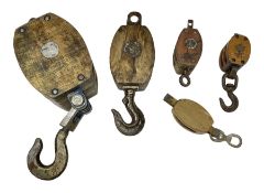 Five ship pulleys comprising two wooden block double with stiff swivel hook