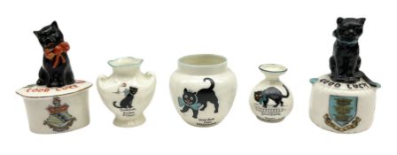 Five crested ware Good Luck black cats