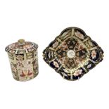 Royal Crown Derby Imari 6299 pattern octagonal dish and Imari pattern 2451 covered jar
